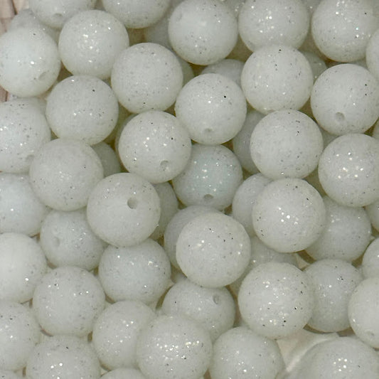White Glitter - 15mm Round Silicone Bead | Craft Supply