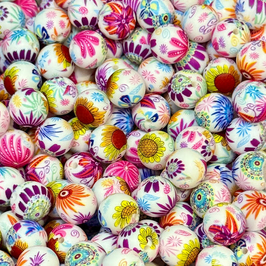 Flower Power - 15mm Round Printed Silicone Bead | Craft Supply