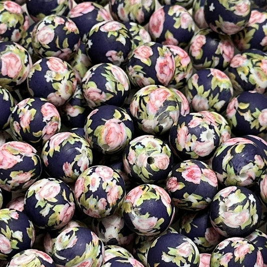 Navy Floral - 15mm Round Silicone